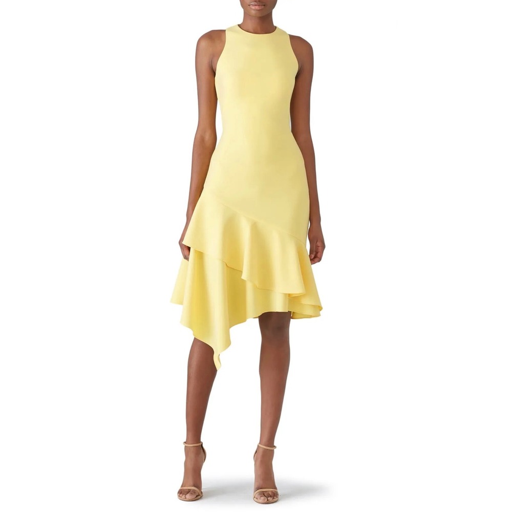 Theia Lemon Ruffle Yellow Asymmetrical Ruffle Hem Sleeveless Midi Dress Size 10